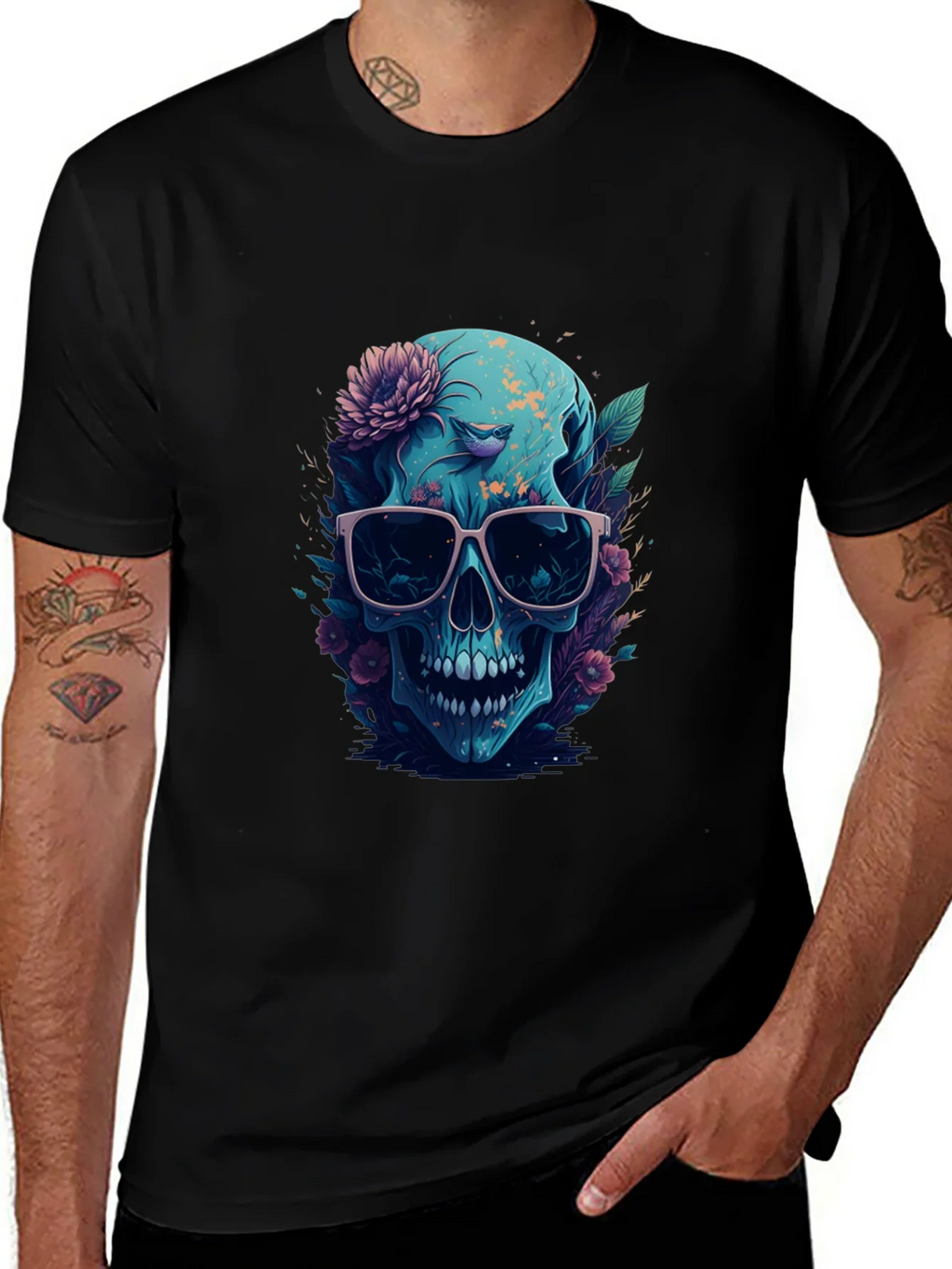 Floral Skull Graphic Tee - Mens Black T-Shirt product image 1