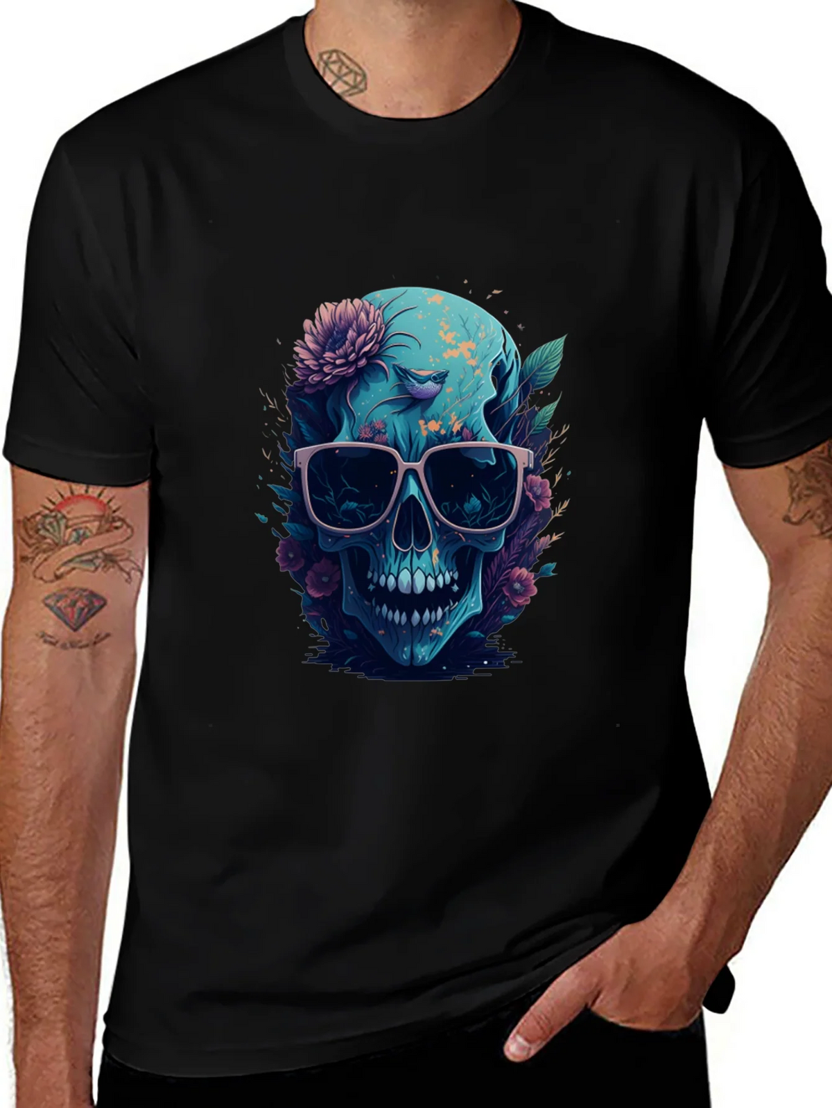 Floral Skull Graphic Tee - Mens Black T-Shirt product image 1