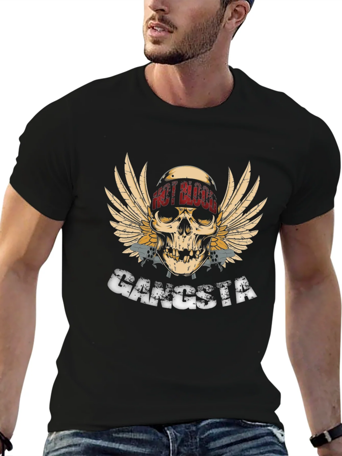 Gangsta Skull Wings Graphic Black T-Shirt product image 9