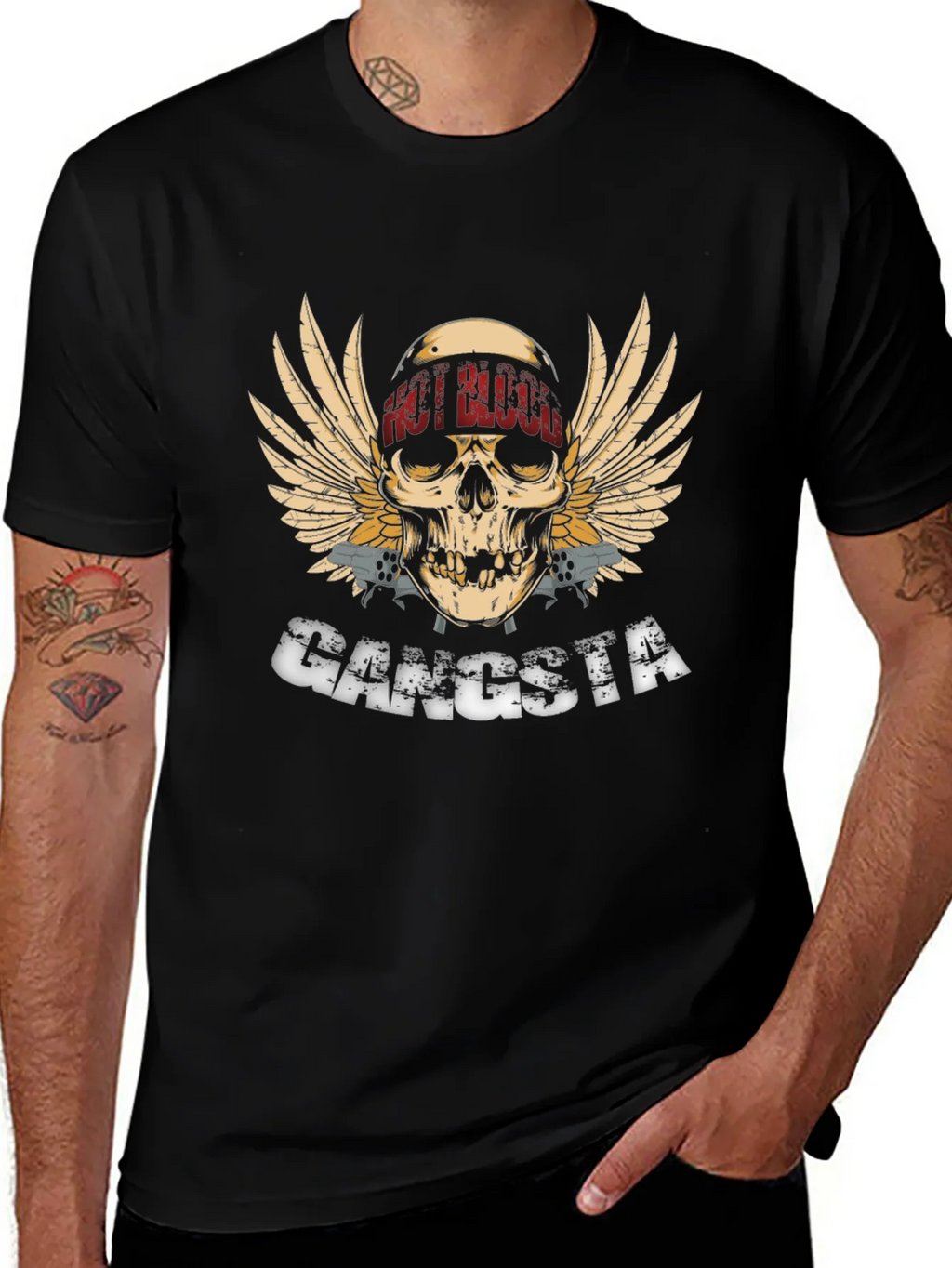 Gangsta Skull Wings Graphic Black T-Shirt product image 1