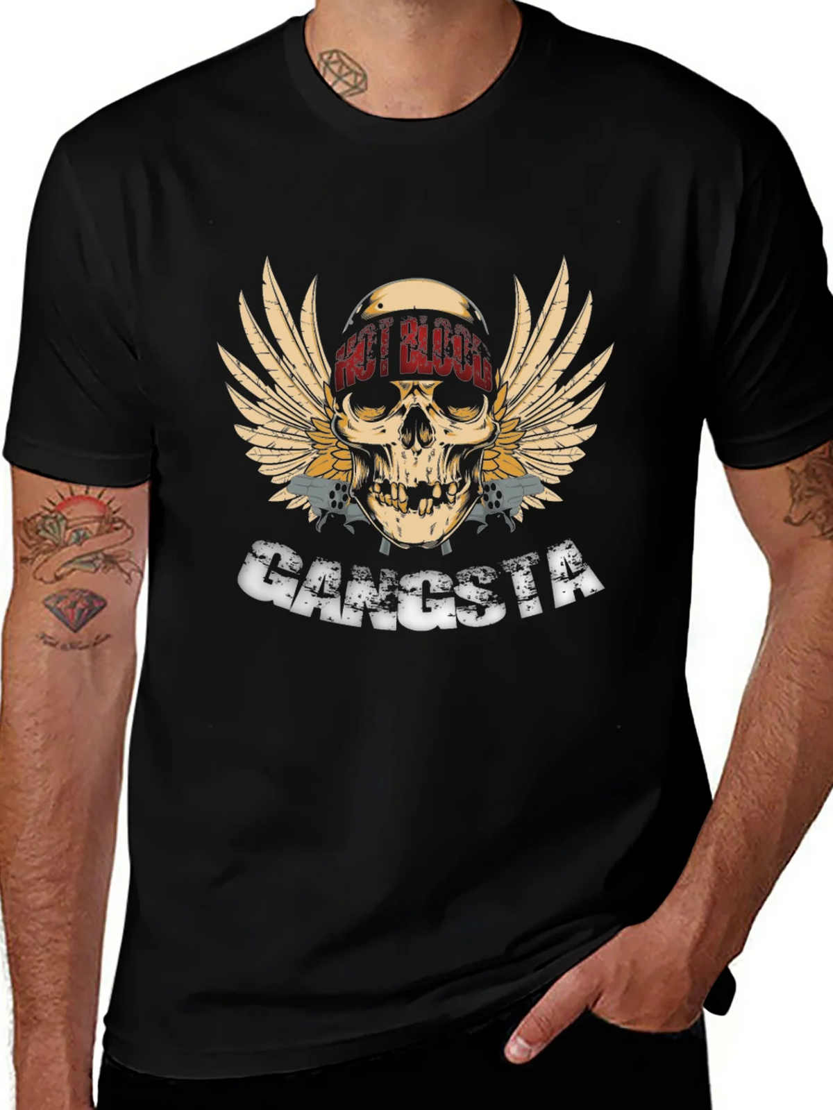 Gangsta Skull Wings Graphic Black T-Shirt product image 1