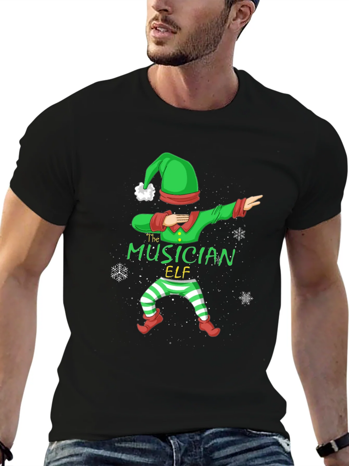 Musician Elf Dabbing Christmas Tee - Black Cotton Shirt product image 9