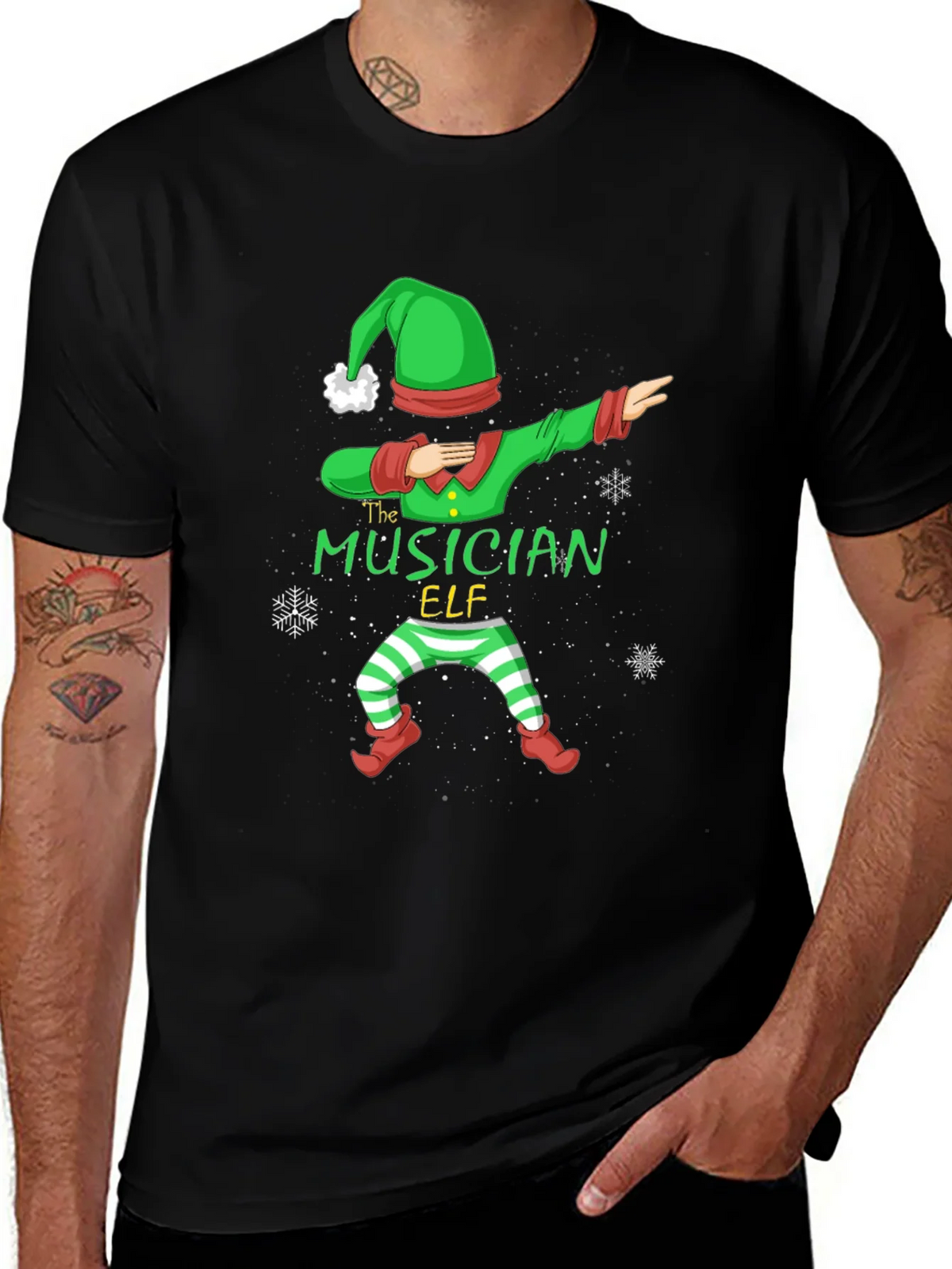 Musician Elf Dabbing Christmas Tee - Black Cotton Shirt product image 1