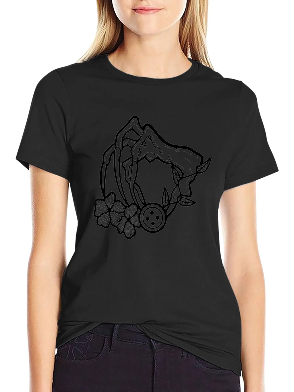 Graphic Black T-Shirt with Floral Button Design product image 5