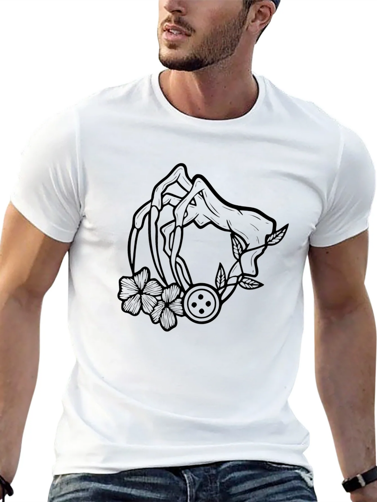 Graphic Black T-Shirt with Floral Button Design product image 4