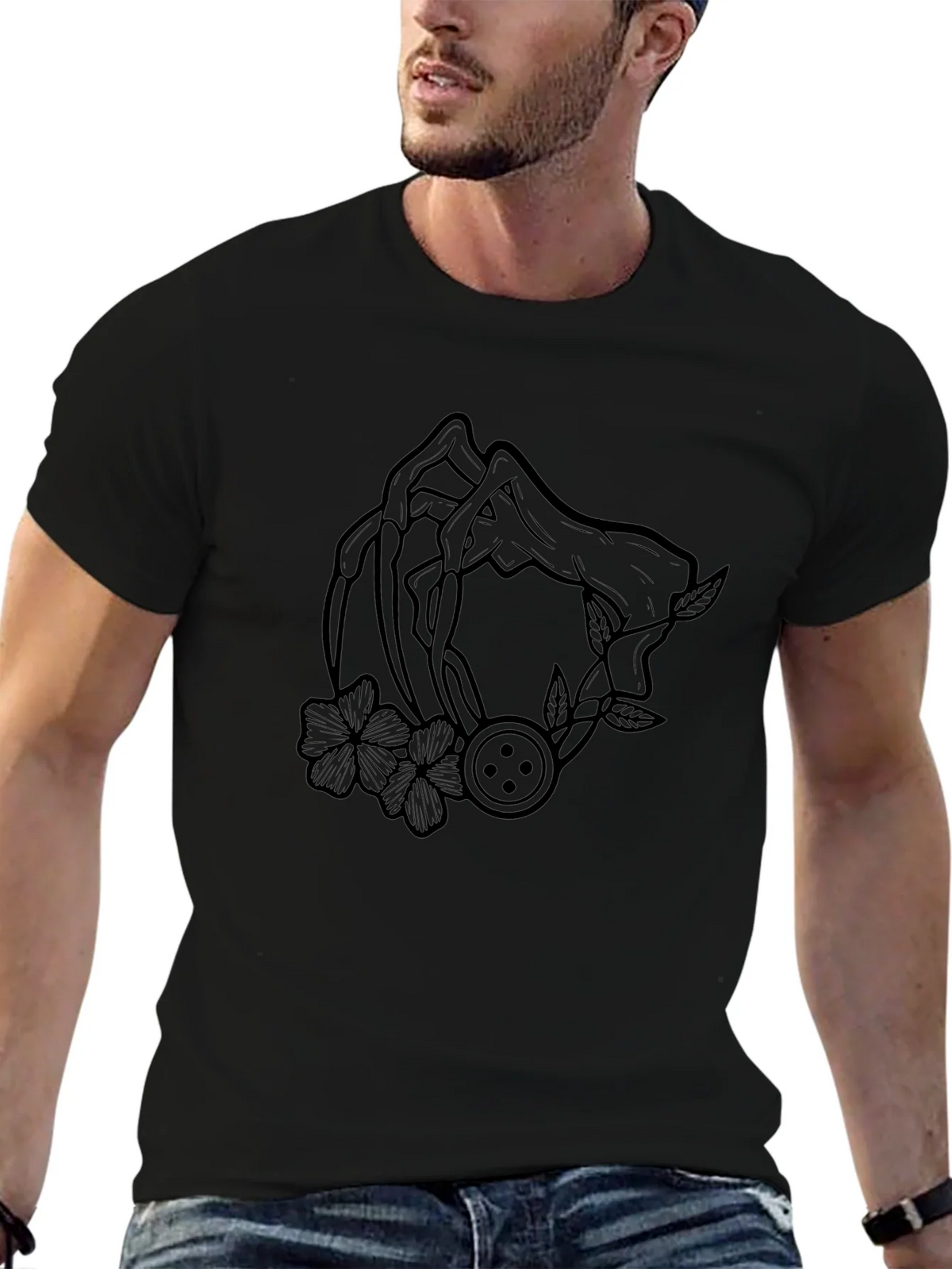 Graphic Black T-Shirt with Floral Button Design product image 9