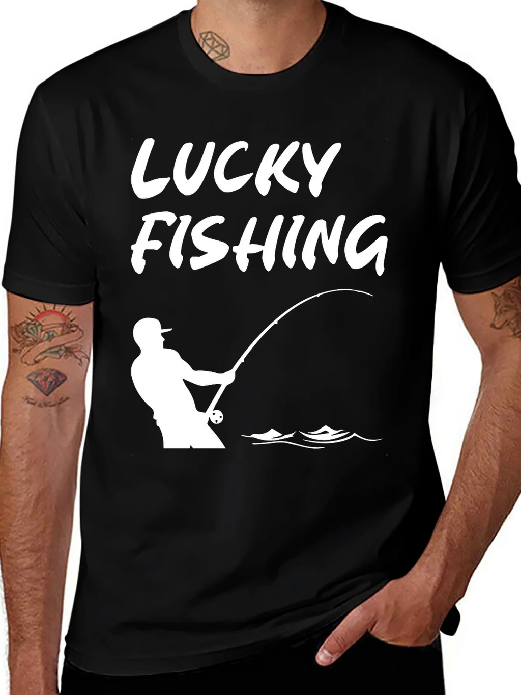 Lucky Fishing Graphic Tee - Black Cotton T-Shirt product image 1