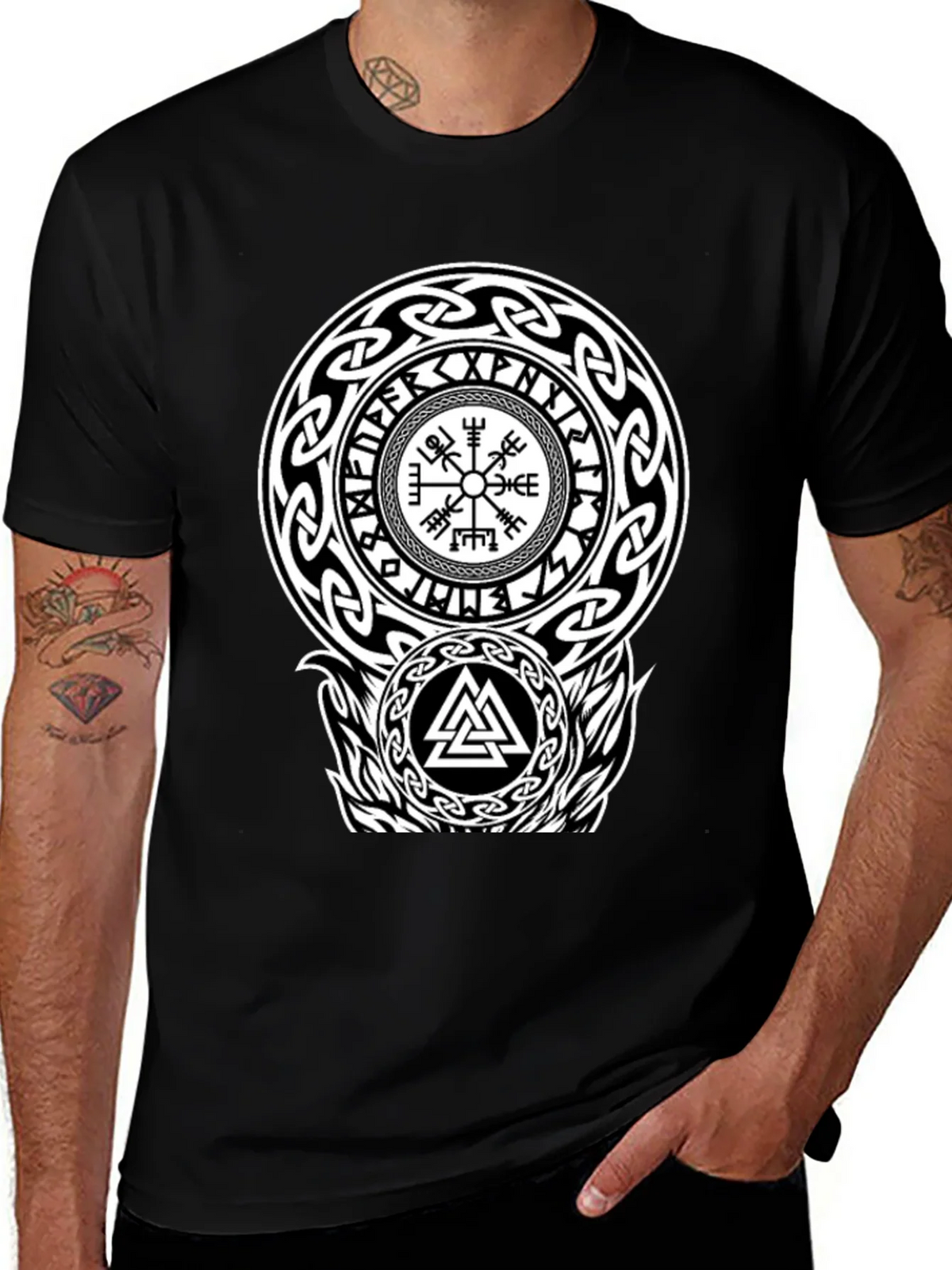 Viking Rune Compass Valknut Black T-Shirt product image 1
