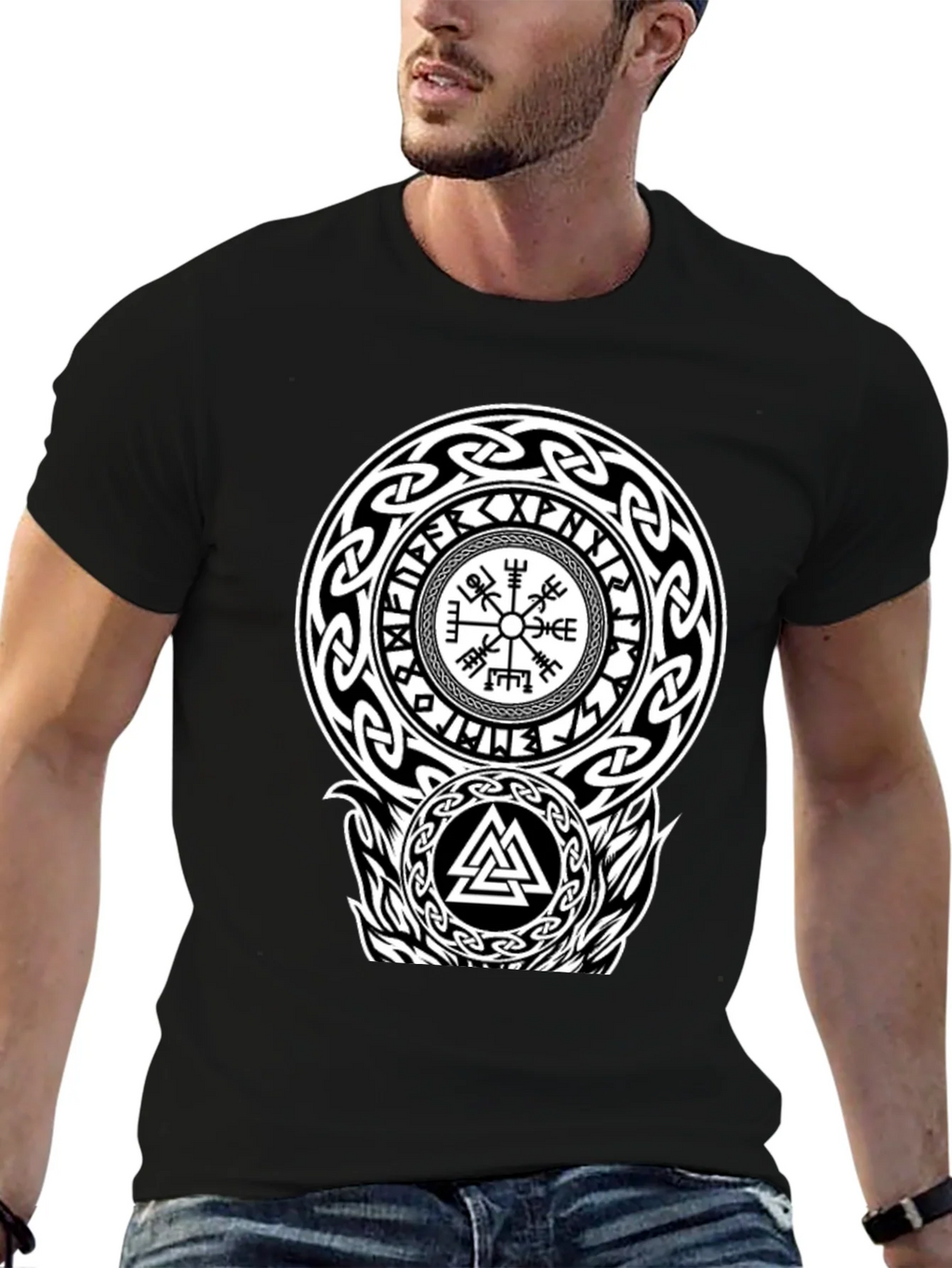 Viking Rune Compass Valknut Black T-Shirt product image 9