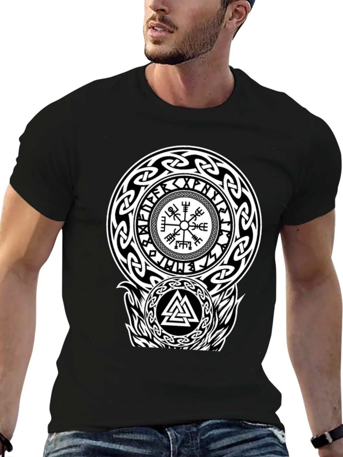 Viking Rune Compass Valknut Black T-Shirt product image 9