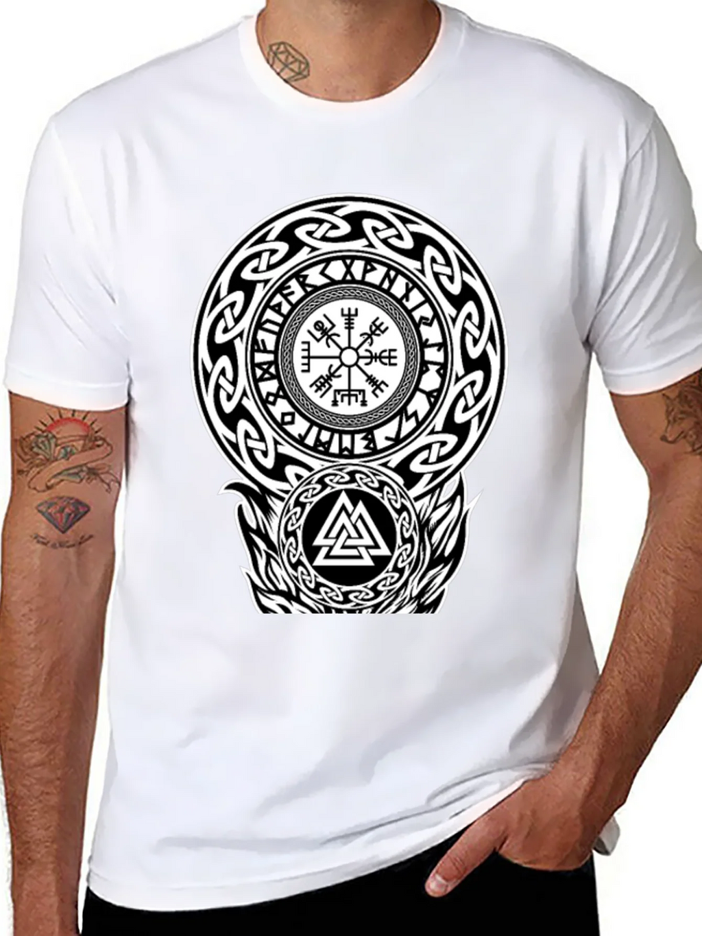 Viking Rune Compass Valknut Black T-Shirt product image 10