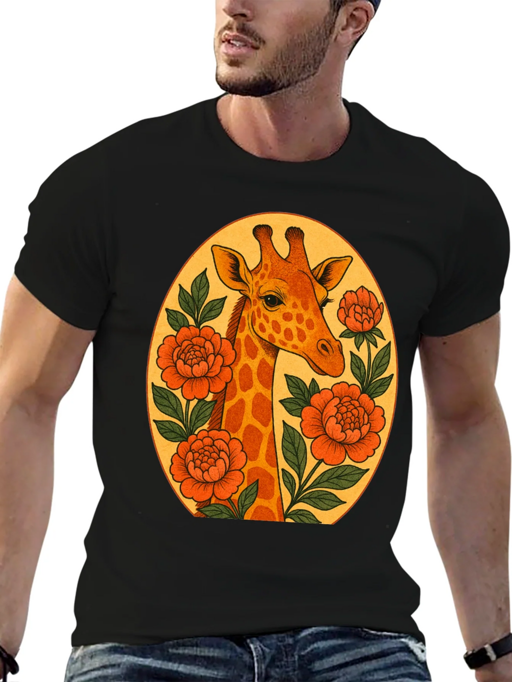 Giraffe and Flowers Black Graphic T-Shirt product image 9