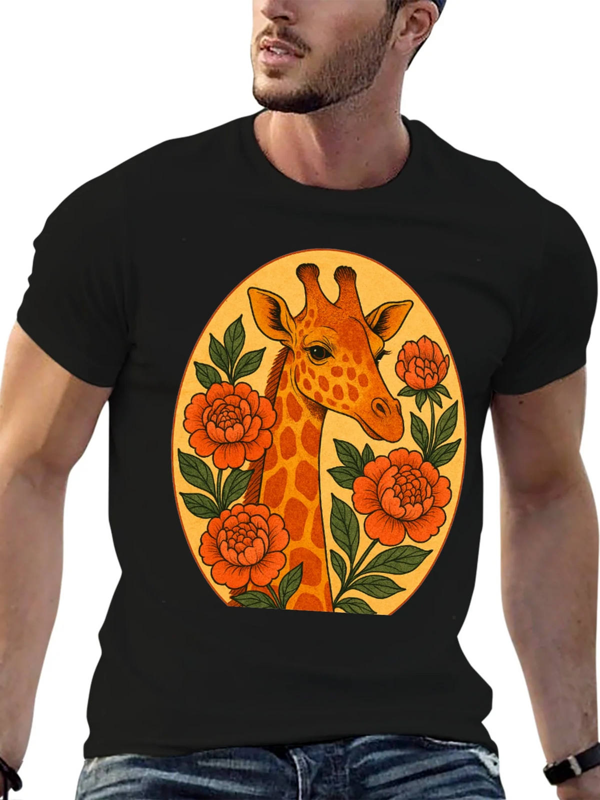 Giraffe and Flowers Black Graphic T-Shirt product image 9