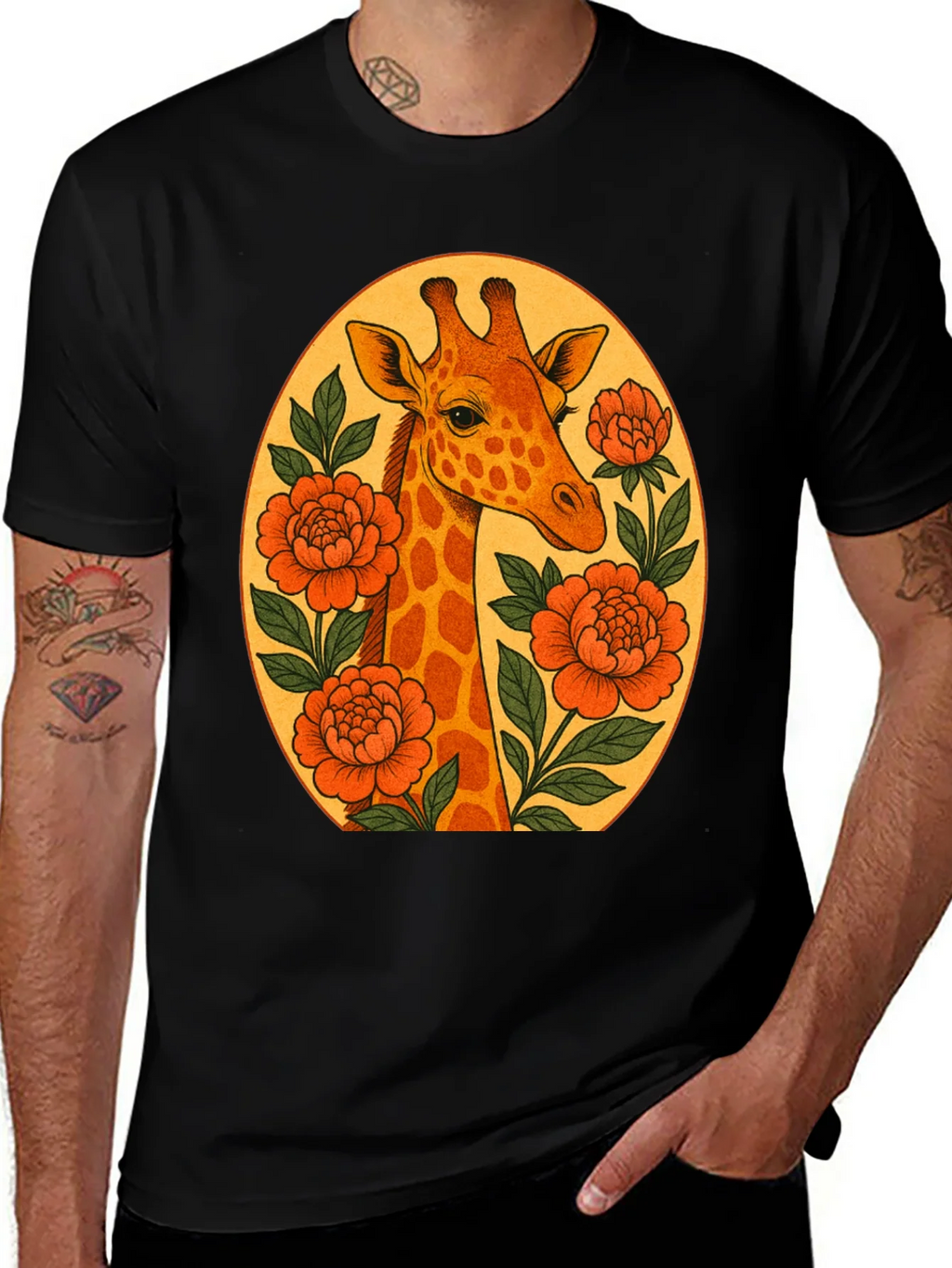 Giraffe and Flowers Black Graphic T-Shirt product image 1