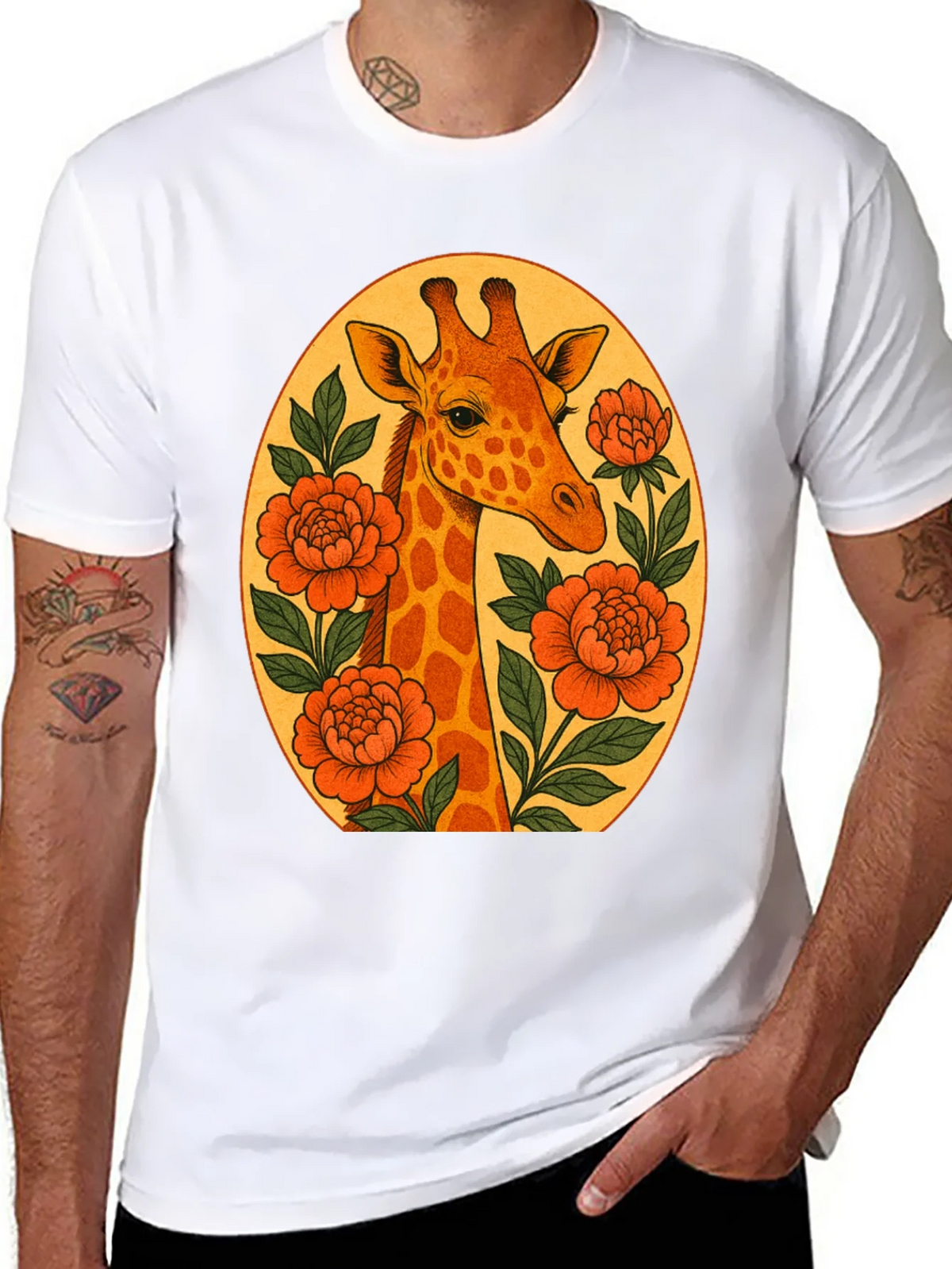 Giraffe and Flowers Black Graphic T-Shirt product image 10