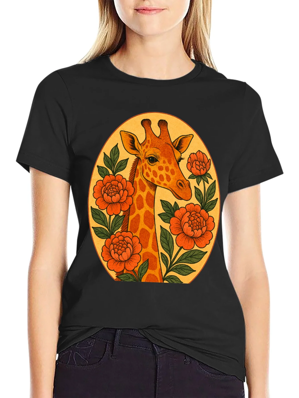 Giraffe and Flowers Black Graphic T-Shirt product image 5