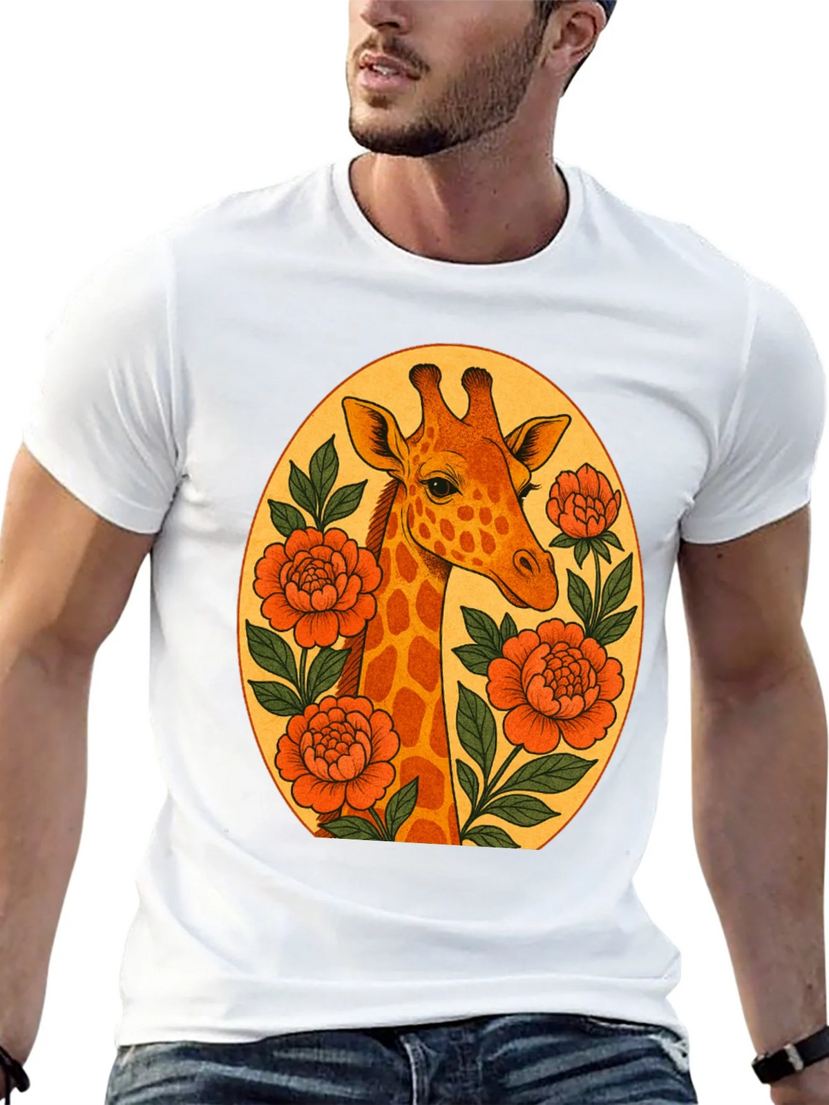 Giraffe and Flowers Black Graphic T-Shirt product image 4