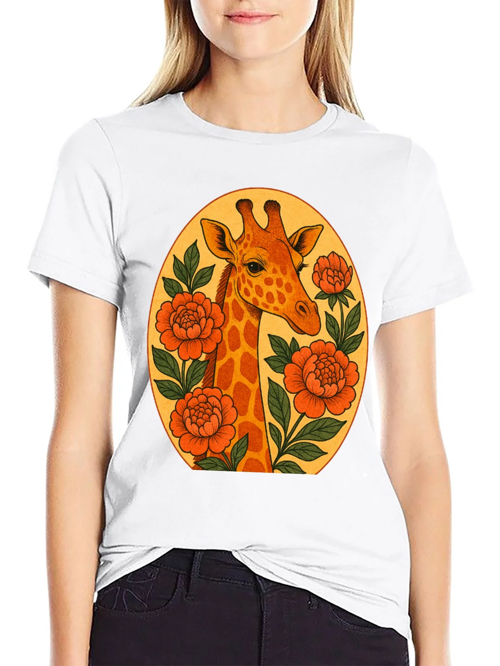 Giraffe and Flowers Black Graphic T-Shirt product image 11