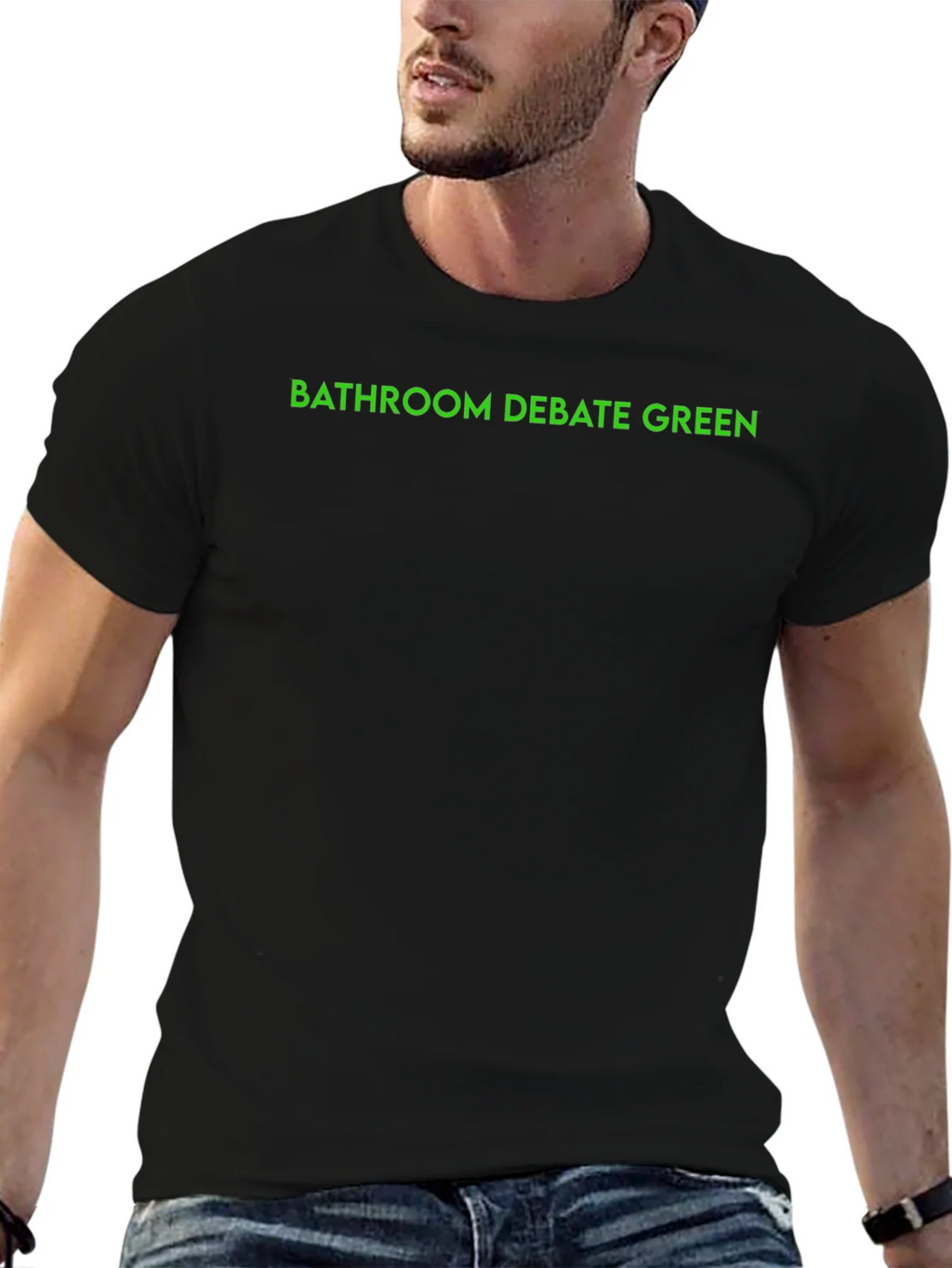 Bathroom Debate Green Text Black T-Shirt product image 9