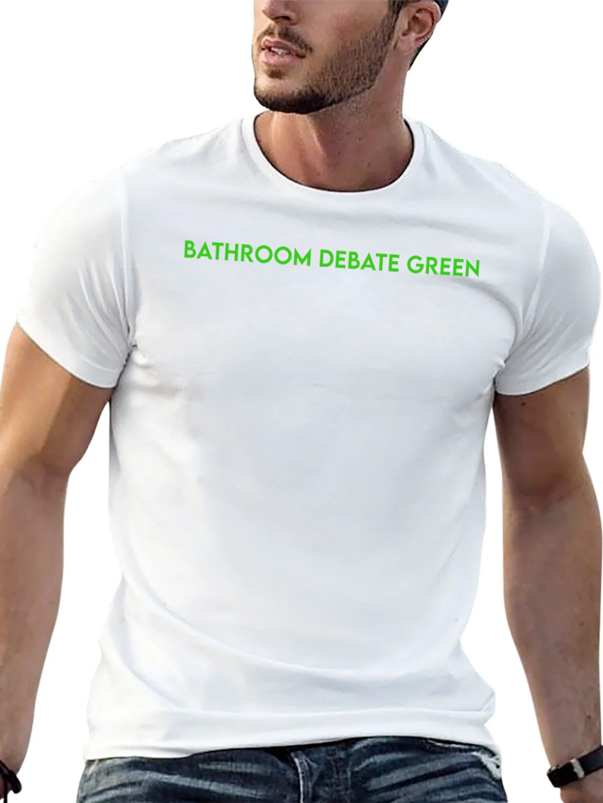 Bathroom Debate Green Text Black T-Shirt product image 4