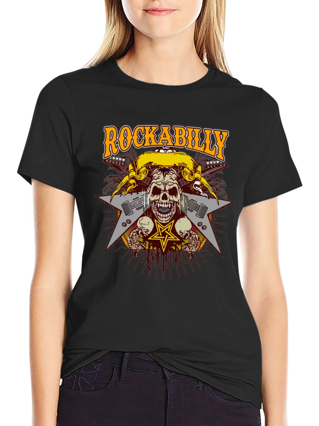 Rockabilly Skull Graphic T-Shirt - Black product image 5