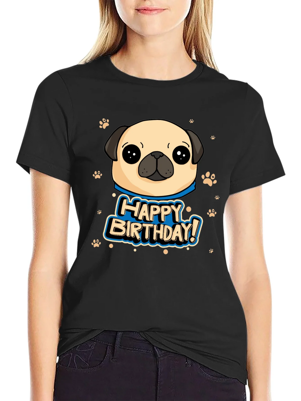 Pug Happy Birthday Black T-Shirt product image 5