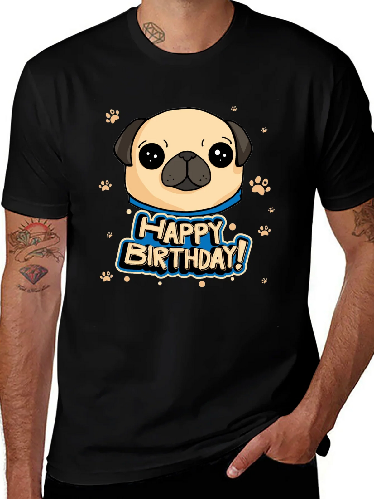 Pug Happy Birthday Black T-Shirt product image 1