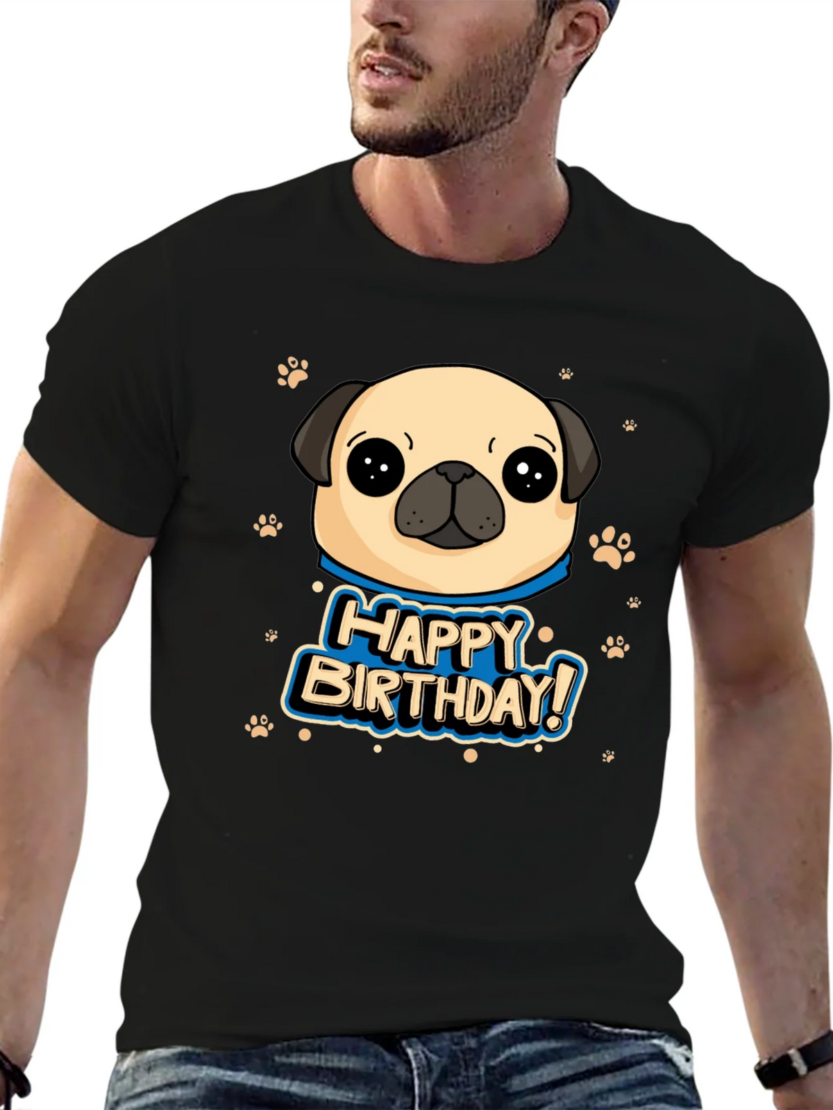 Pug Happy Birthday Black T-Shirt product image 9