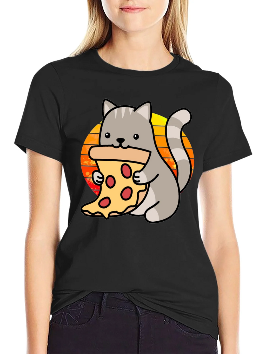 Cat Pizza Black T-Shirt - Cute Cartoon Graphic Tee product image 5
