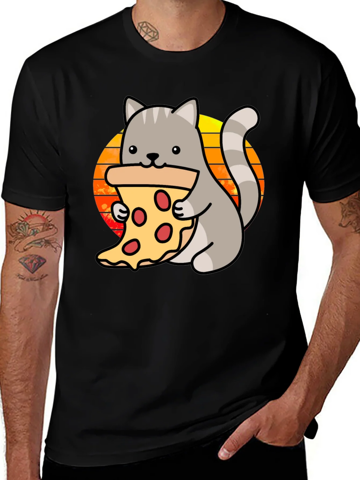 Cat Pizza Black T-Shirt - Cute Cartoon Graphic Tee product image 1