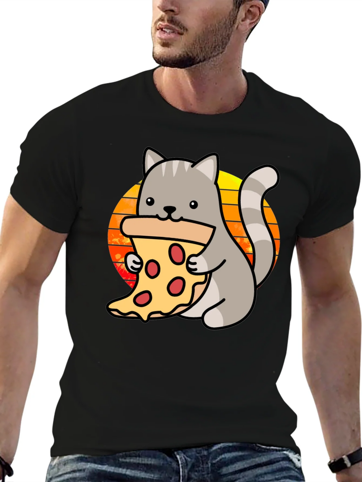 Cat Pizza Black T-Shirt - Cute Cartoon Graphic Tee product image 9