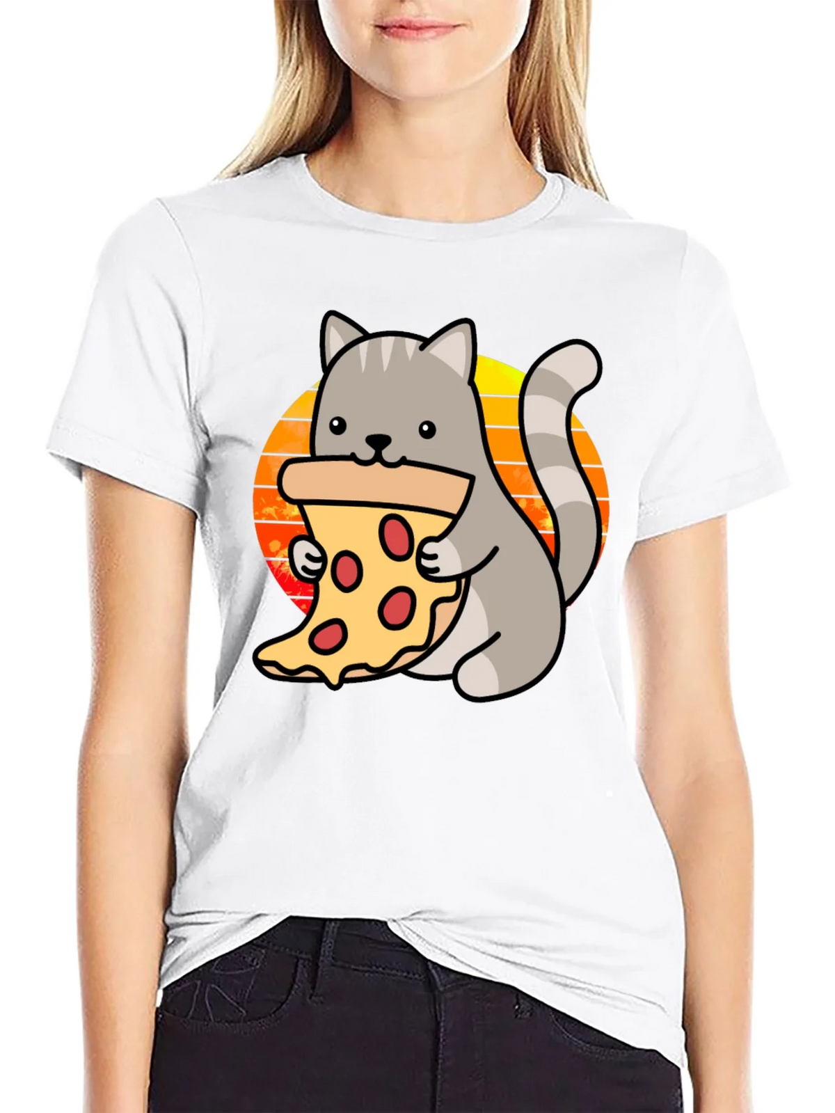 Cat Pizza Black T-Shirt - Cute Cartoon Graphic Tee product image 11
