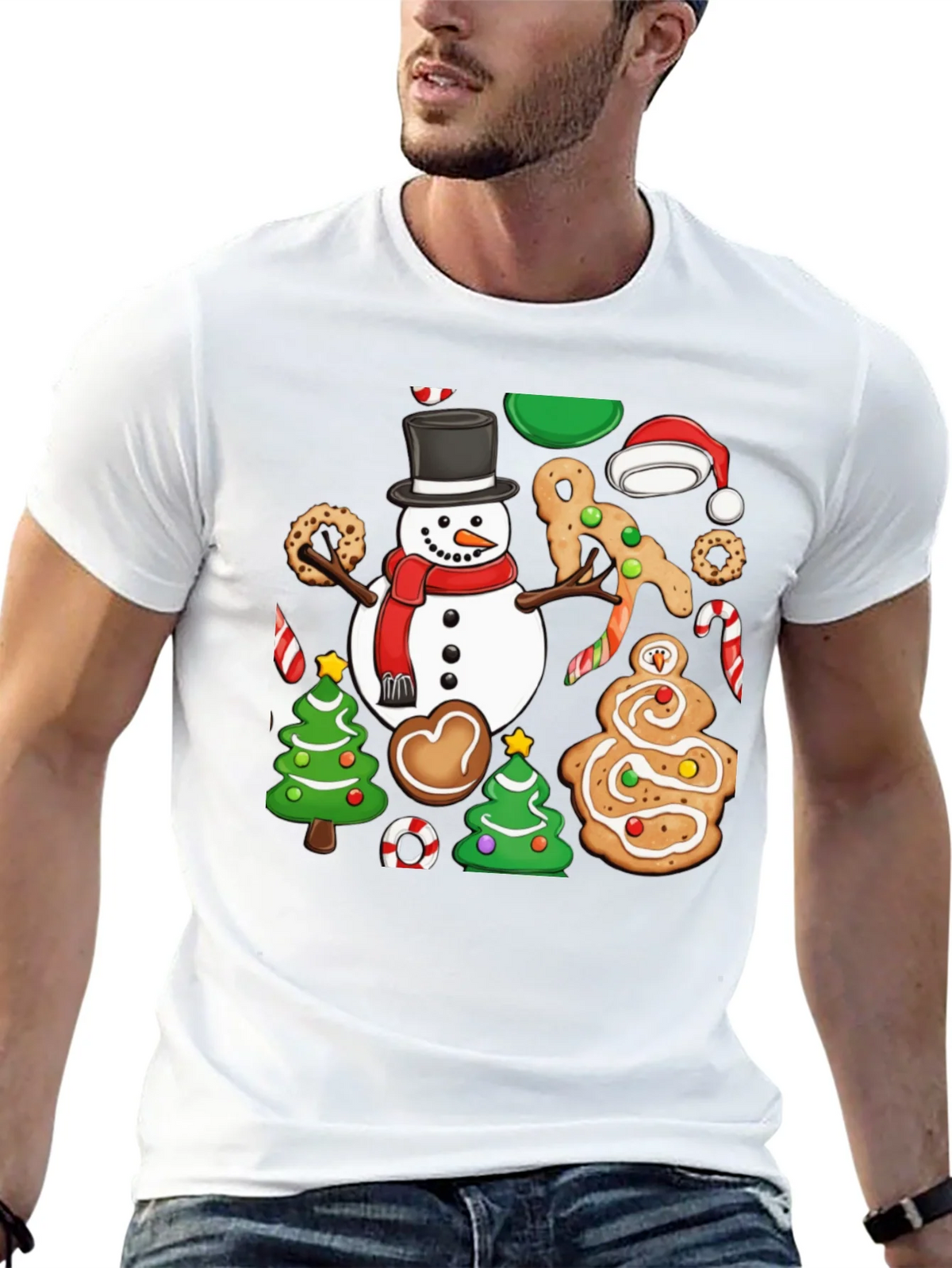 Festive Christmas Cookie & Snowman Graphic T-Shirt product image 4