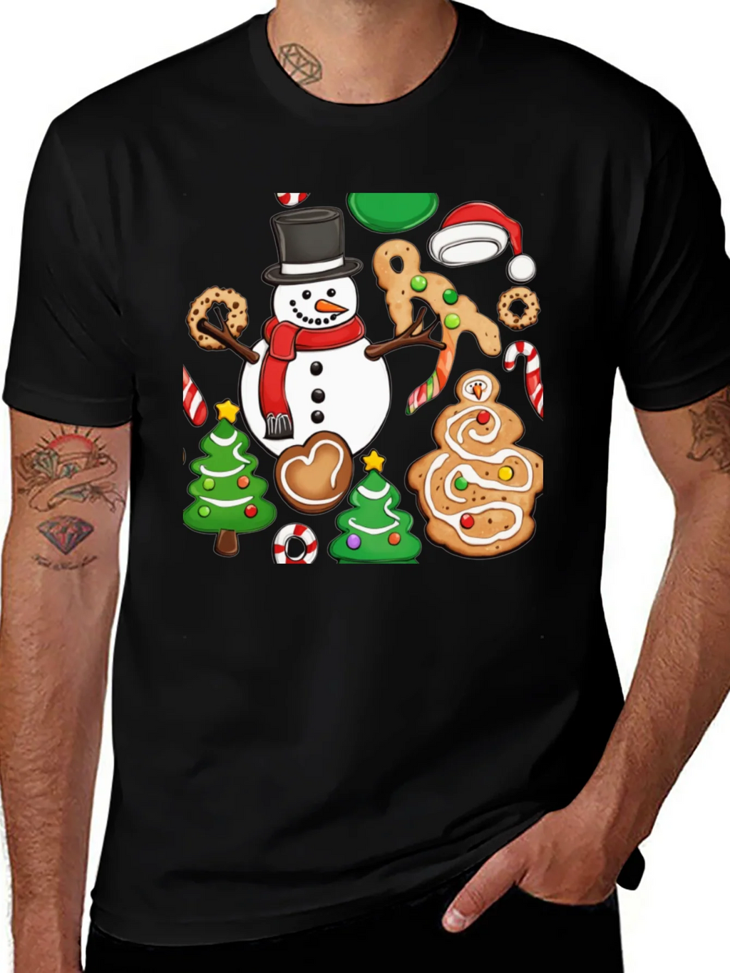 Festive Christmas Cookie & Snowman Graphic T-Shirt product image 1