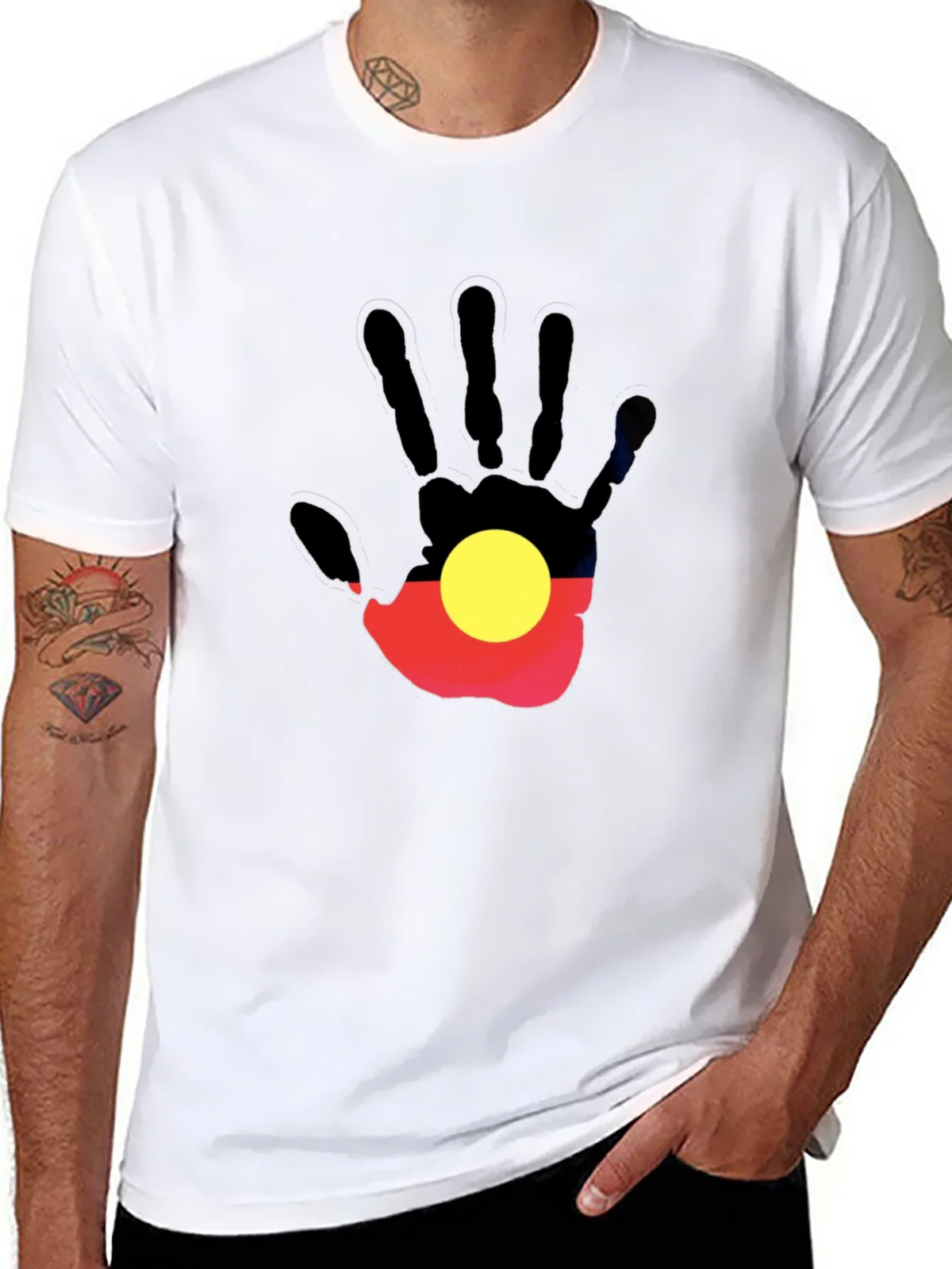 Aboriginal Flag Hand Print Black T-Shirt product image 10
