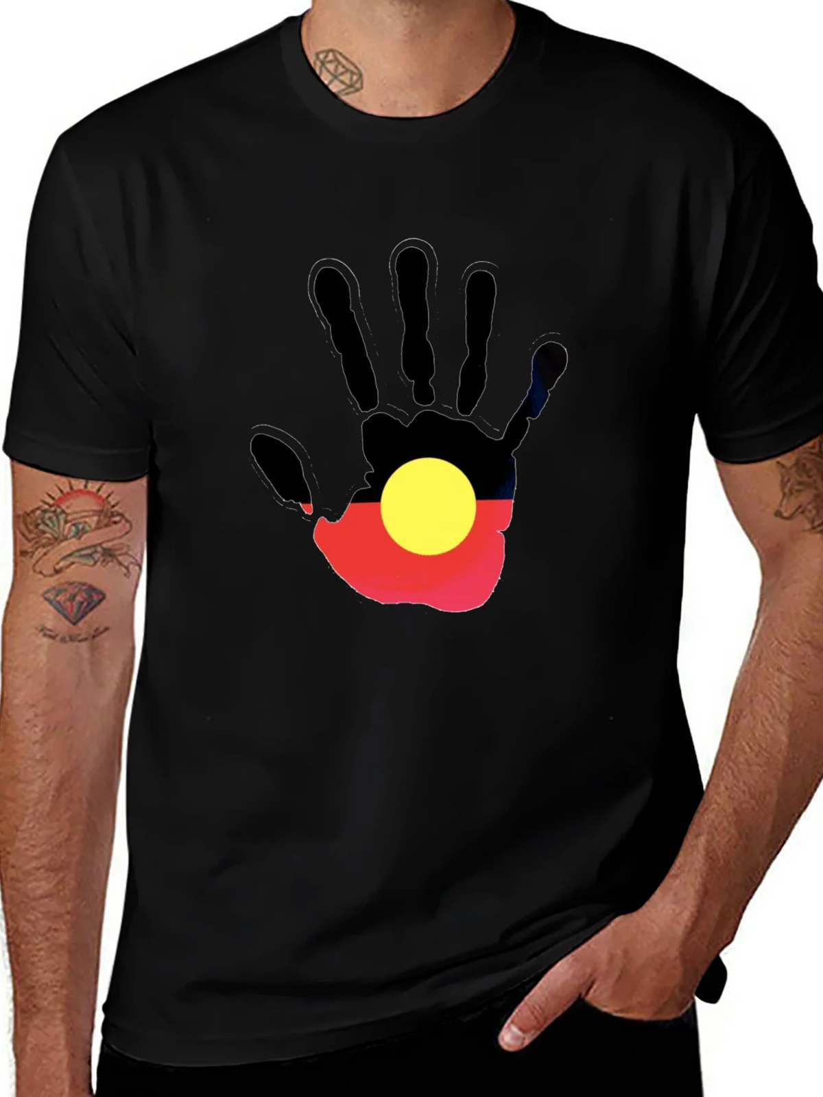 Aboriginal Flag Hand Print Black T-Shirt product image 1