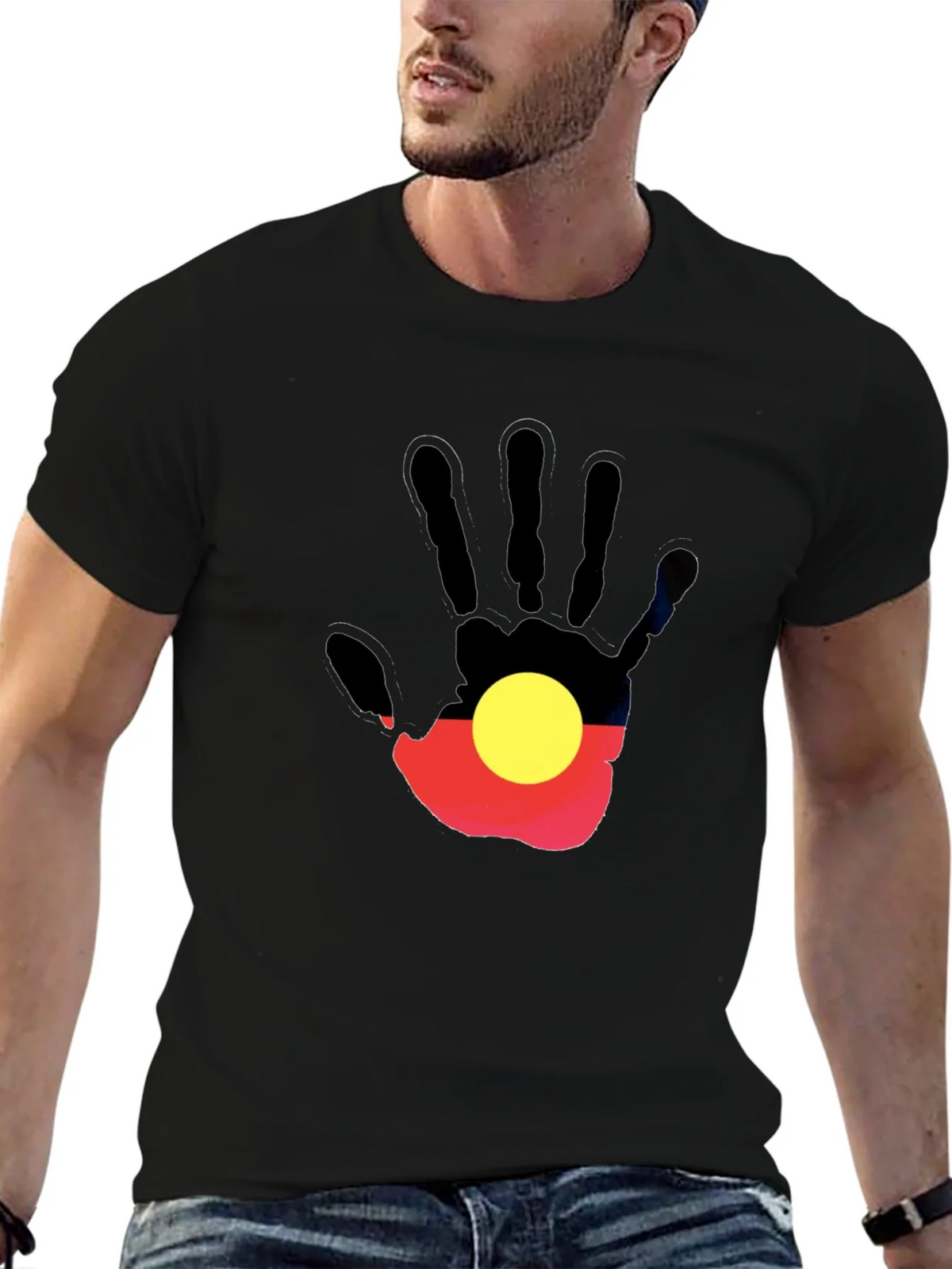 Aboriginal Flag Hand Print Black T-Shirt product image 9