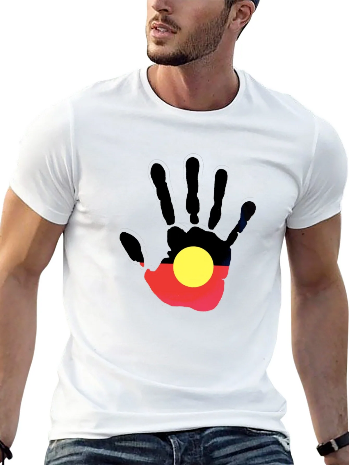 Aboriginal Flag Hand Print Black T-Shirt product image 4