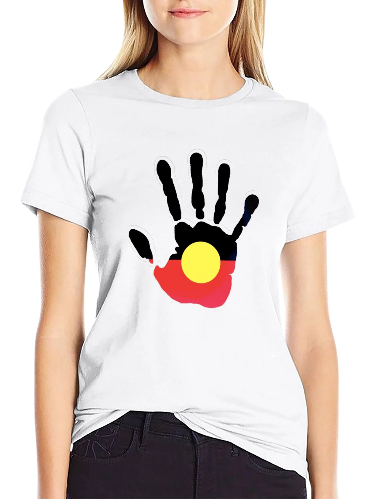Aboriginal Flag Hand Print Black T-Shirt product image 11