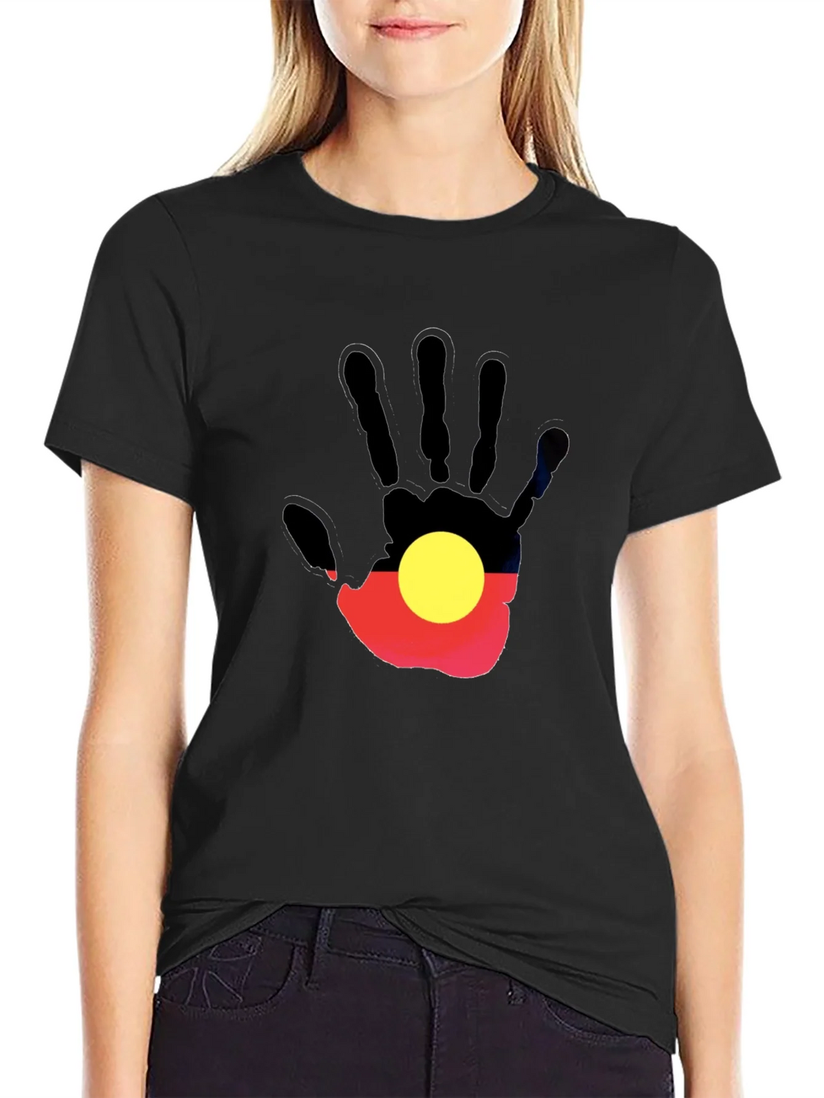 Aboriginal Flag Hand Print Black T-Shirt product image 5