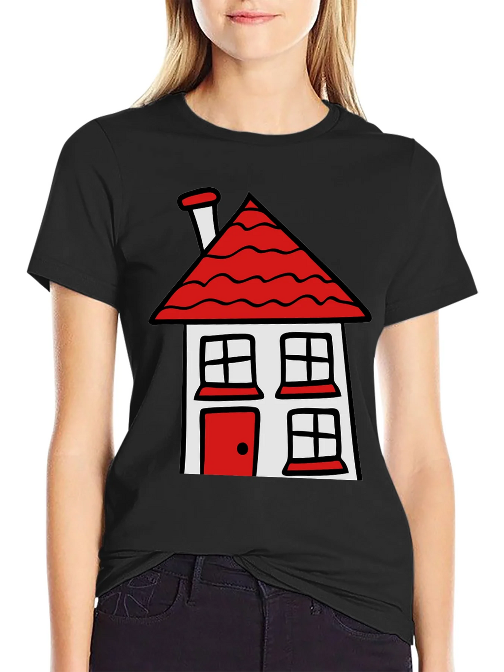 Cartoon House T-Shirt - Black Cotton Tee product image 5