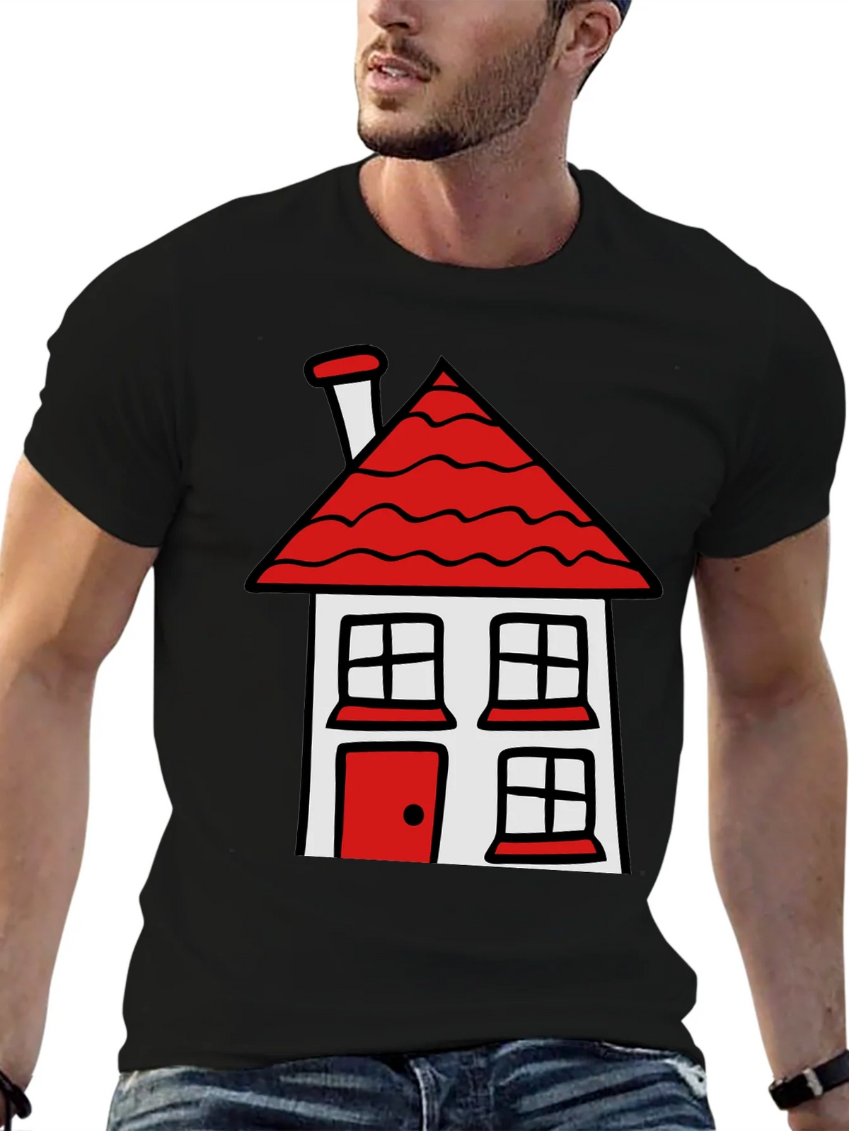 Cartoon House T-Shirt - Black Cotton Tee product image 9