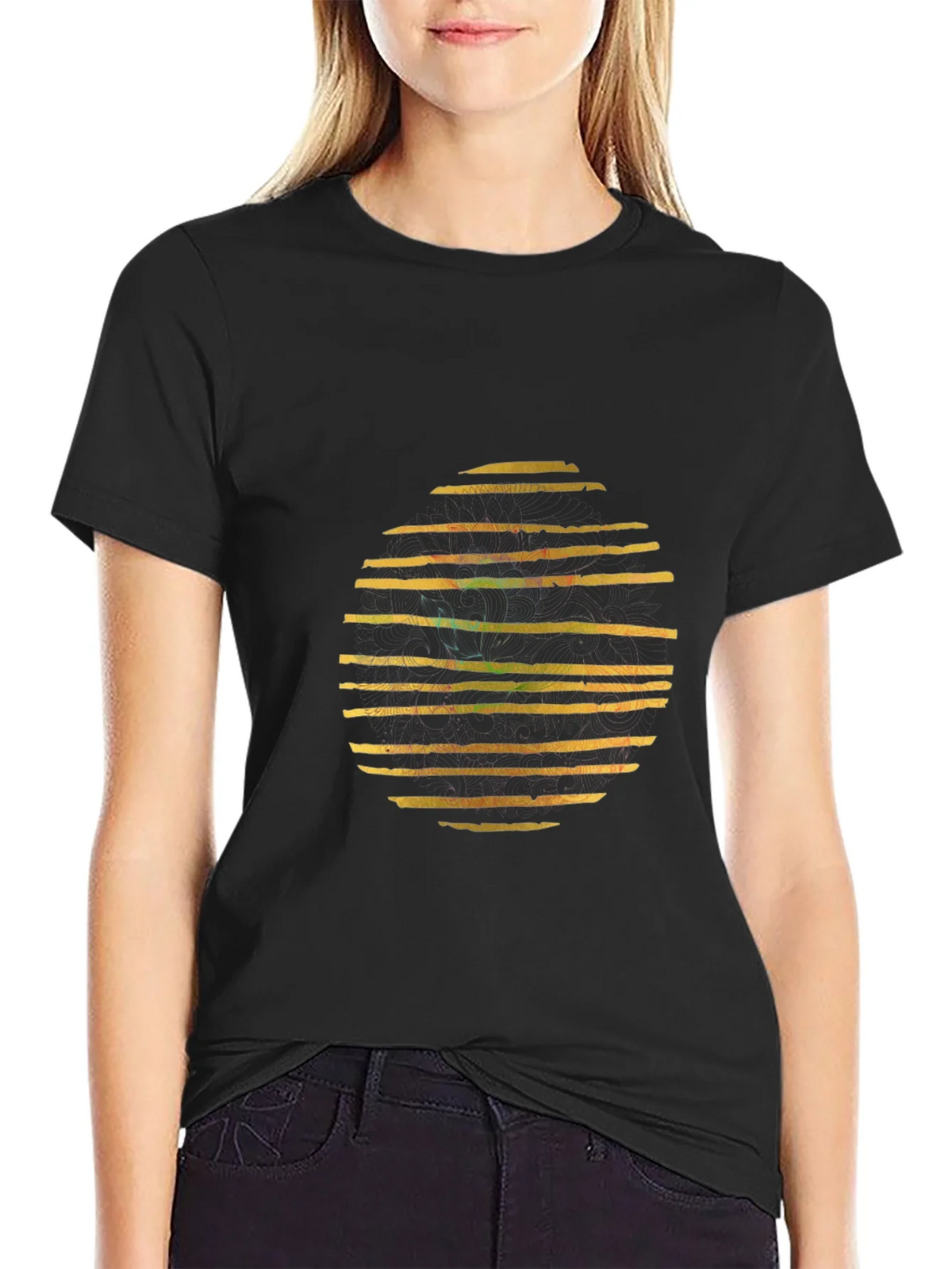 Abstract Striped Circle Graphic Black T-Shirt product image 5