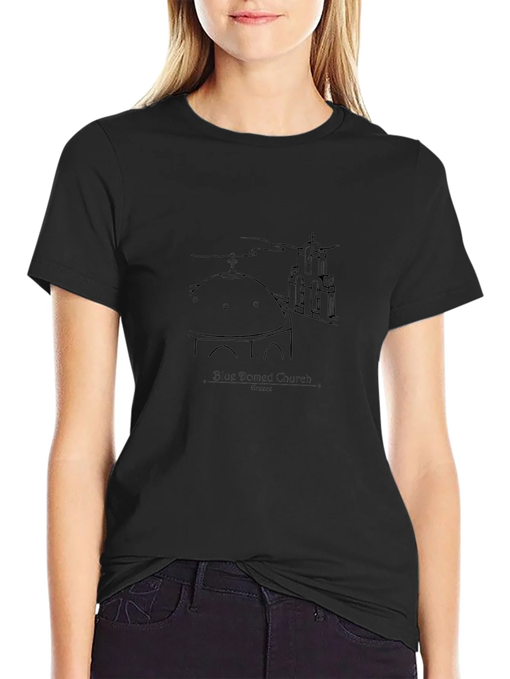 Blue Domed Church Santorini Greece Black T-Shirt product image 5