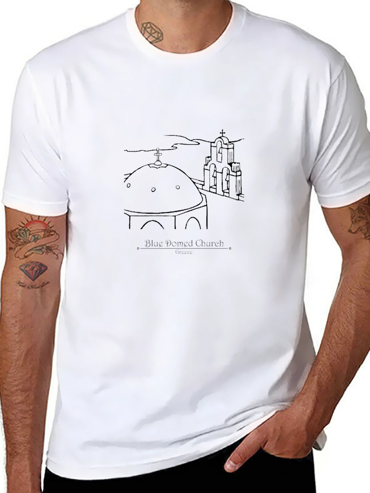 Blue Domed Church Santorini Greece Black T-Shirt product image 10