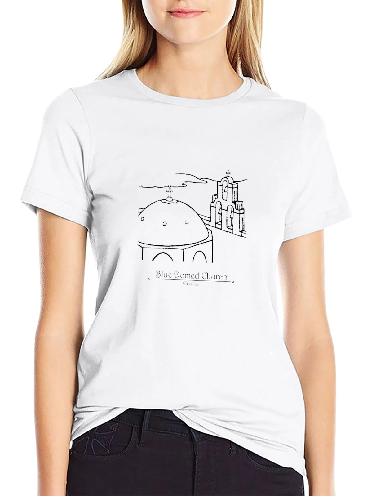 Blue Domed Church Santorini Greece Black T-Shirt product image 11