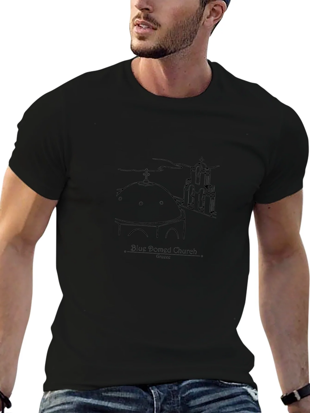 Blue Domed Church Santorini Greece Black T-Shirt product image 9