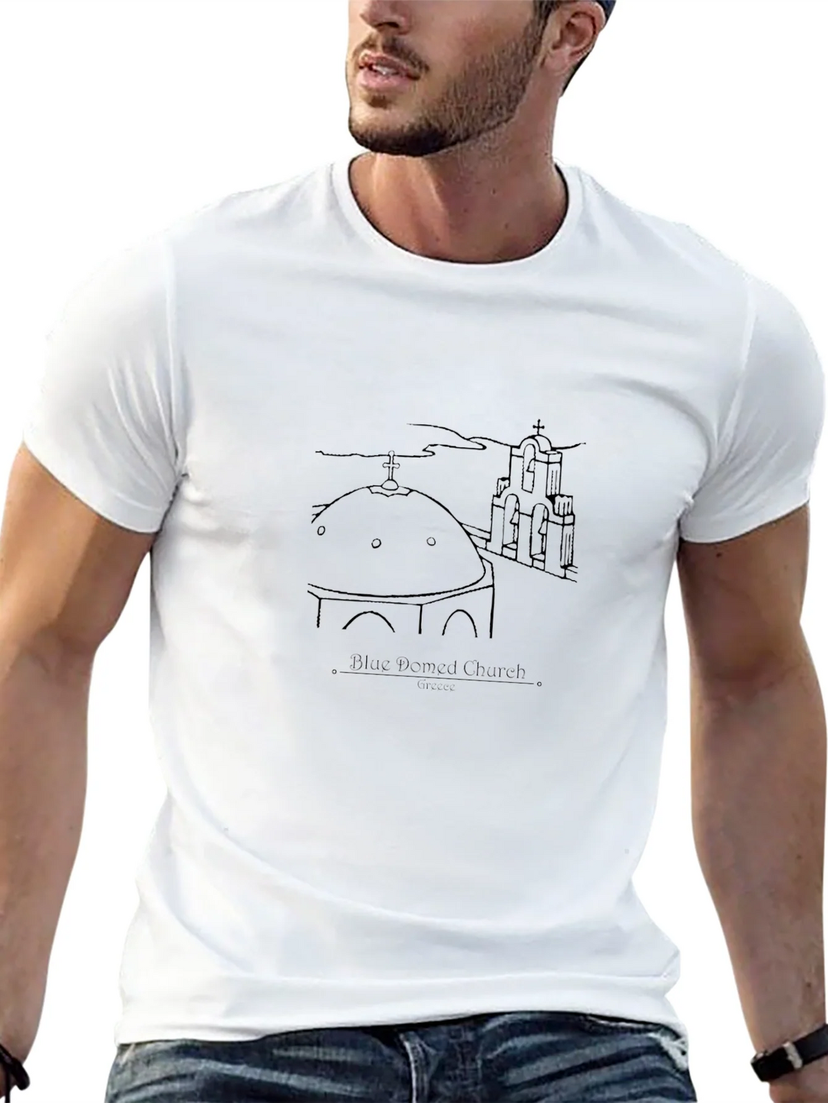 Blue Domed Church Santorini Greece Black T-Shirt product image 4