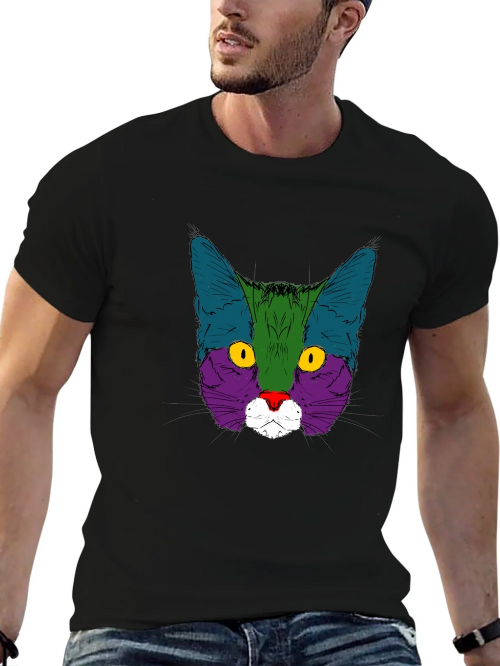 Colorful Cat Graphic Black T-Shirt product image 9