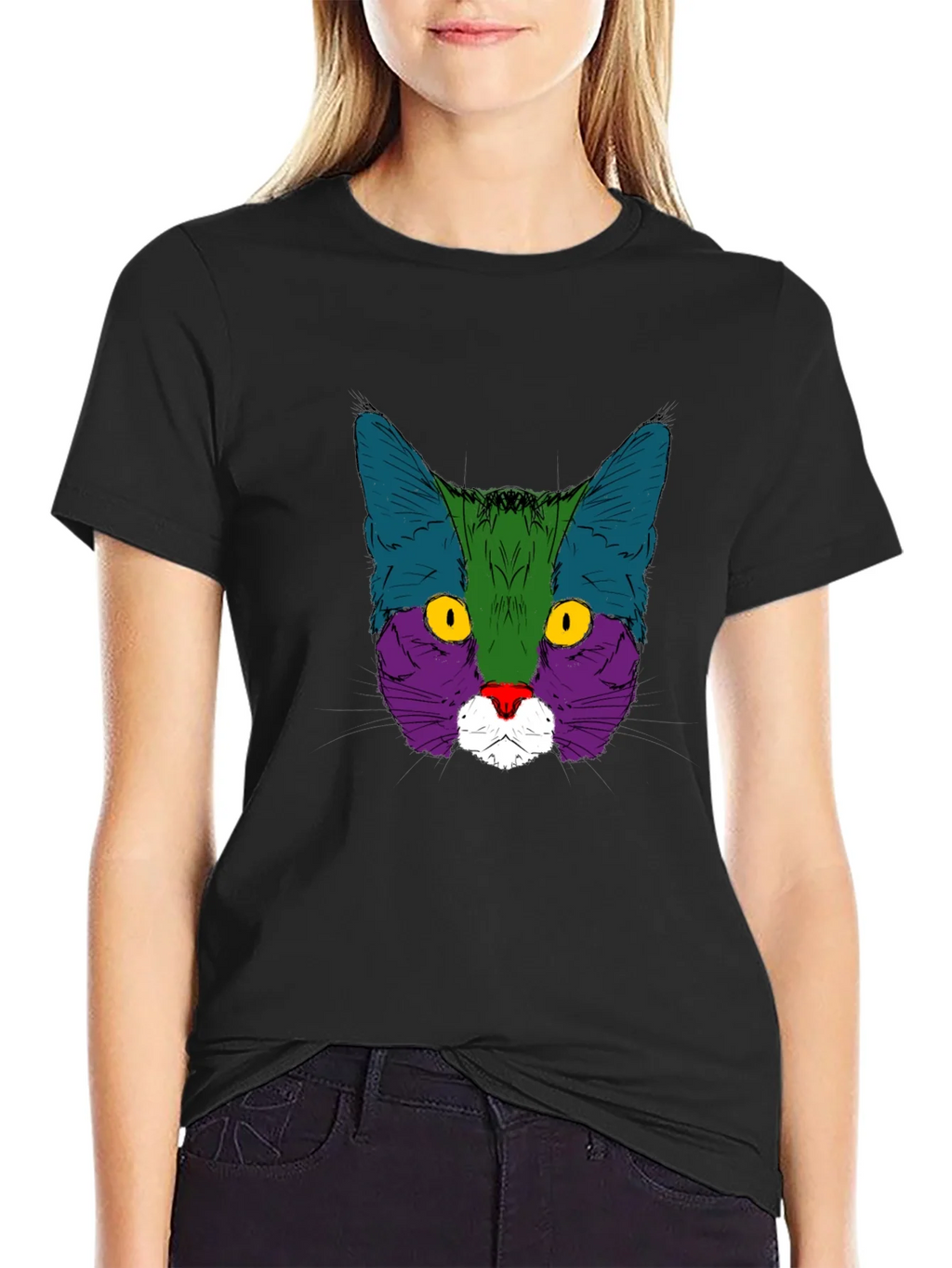 Colorful Cat Graphic Black T-Shirt product image 5